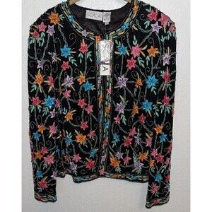 Scala Vintage Embroidered Beaded Silk Jacket Women Sz 1X Floral Multi Colored